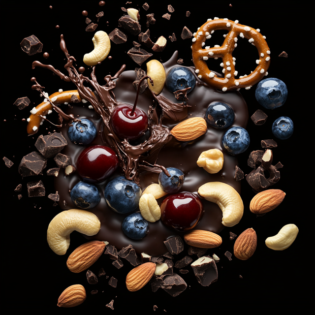 Mixed box of milk and dark chocolates with blueberry, cherry, almond, cashew, espresso, and pretzel flavors.