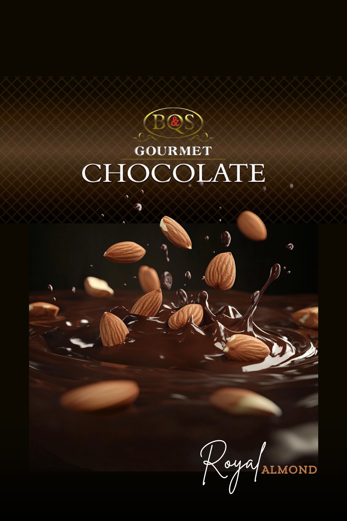 Royal Almond Dark Chocolate box with roasted almonds and 70% dark chocolate design.